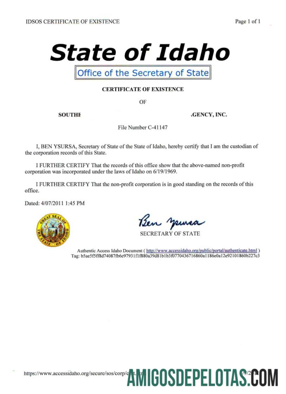 USA Idaho Certificate Of Good Standing amostra